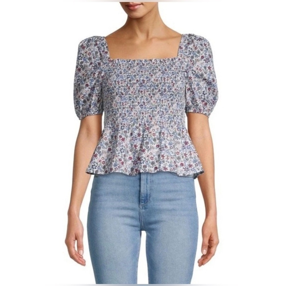 French Connection Floral Smocked Peplum Babydoll Top Puff‎ Sleeve Square Neck 1X